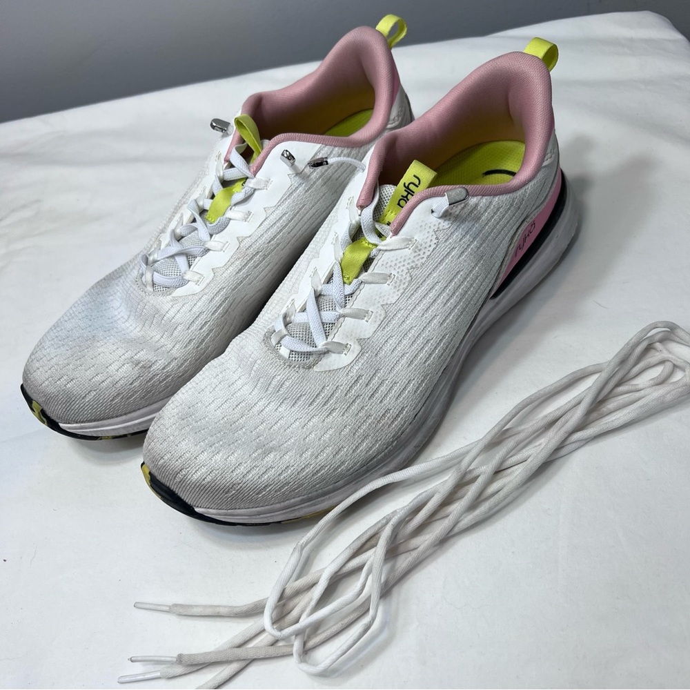 Ryka Myriad white pink green athletic running walking shoes elastic laces 8.5